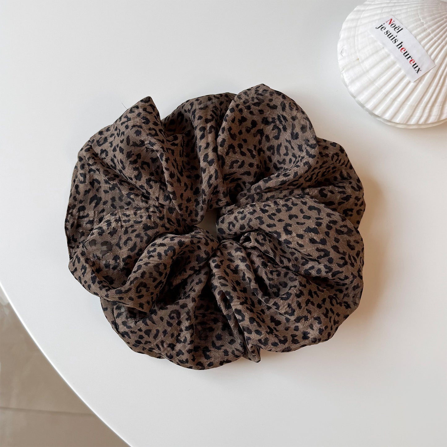 French Style Leopard Print Scrunchie For Women In Black & White, Made With Soft Gauze Material Hair Accessory