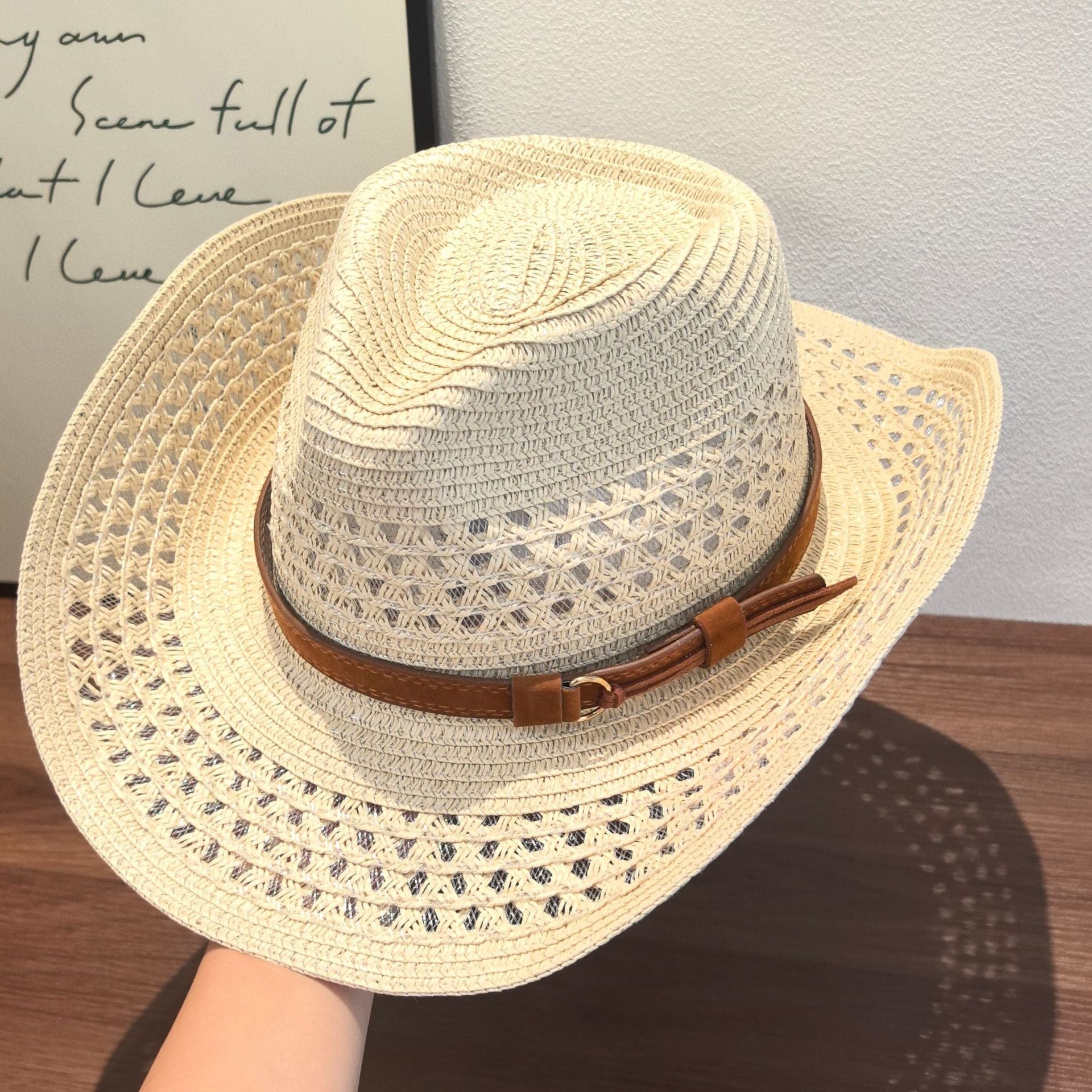 Original Design Solid Color Straw Hat For Adults With Wide Brim, Breathable Hollow Out Craft