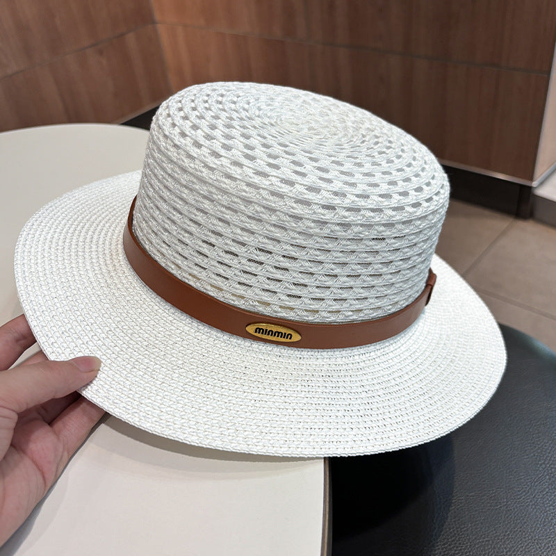 Vintage Style Solid Color Wide Brim Straw Hat For Women With UV Protection, Featuring Hollow Out Craft