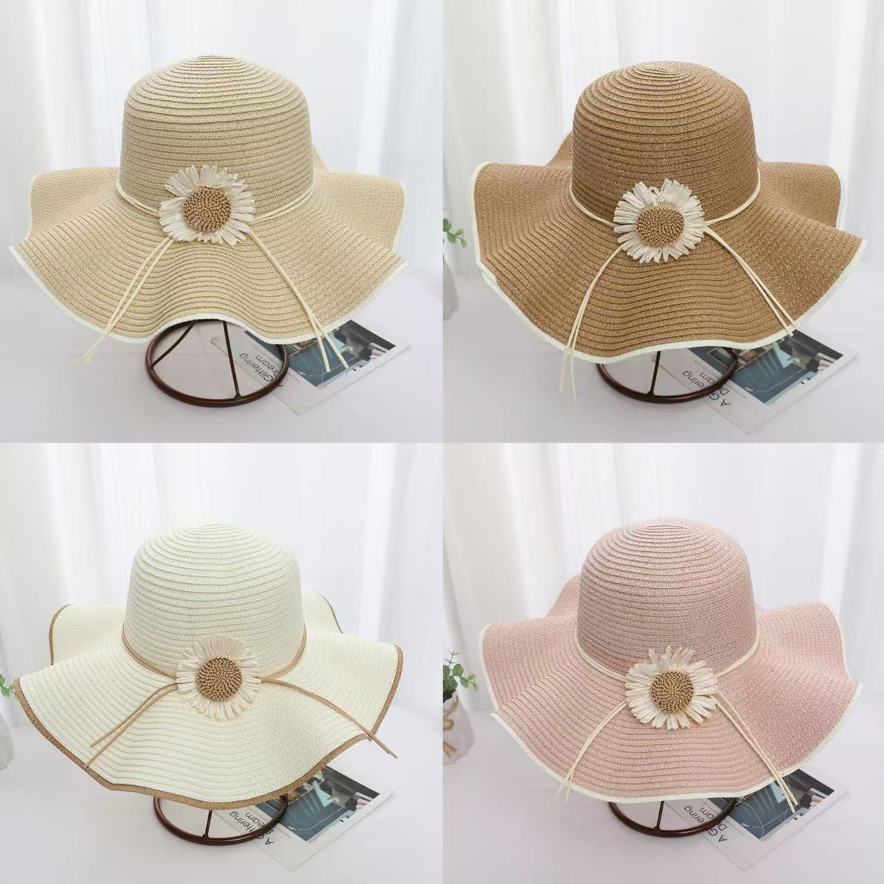 Original Design Women's Straw Wide Brim Hat With Flowers, Handmade UV Protection Adult Hat
