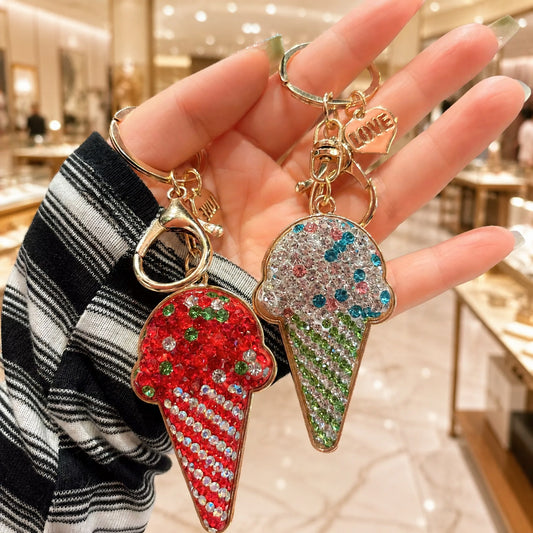 New Year Ice Cream Bag Charm Key Chain In Dyed Black Alloy With Rhinestone Inlay