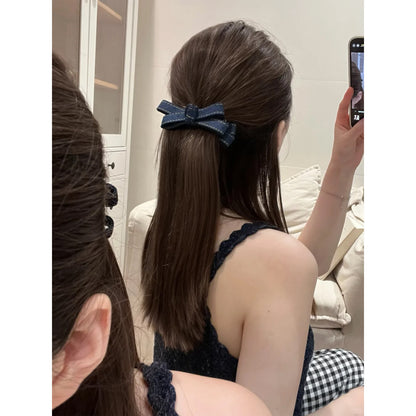 Cowboy Style Bow Tie Banana Clip Hairpin For Women In Denim Material