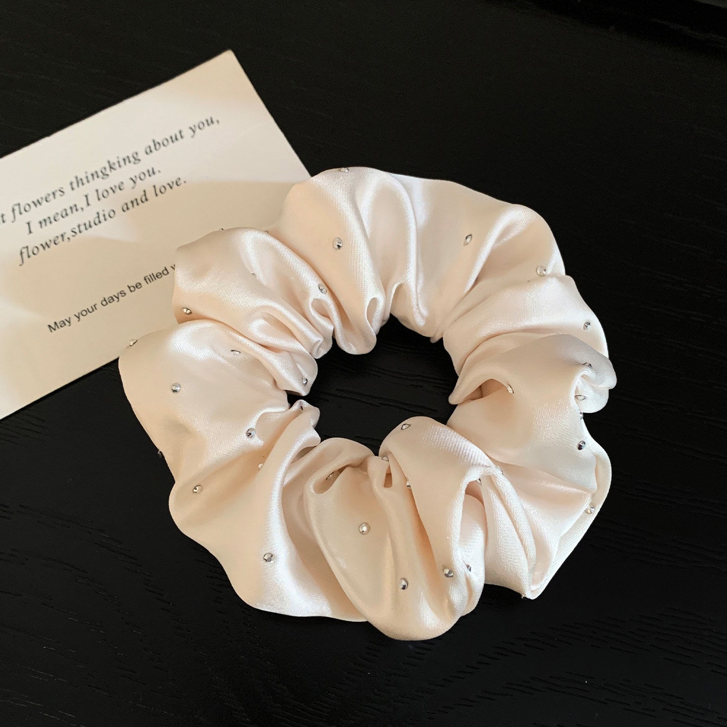 Solid Color Satin Scrunchie Hair Accessory In Champagne With Artificial Rhinestones, Perfect For Autumn Commute