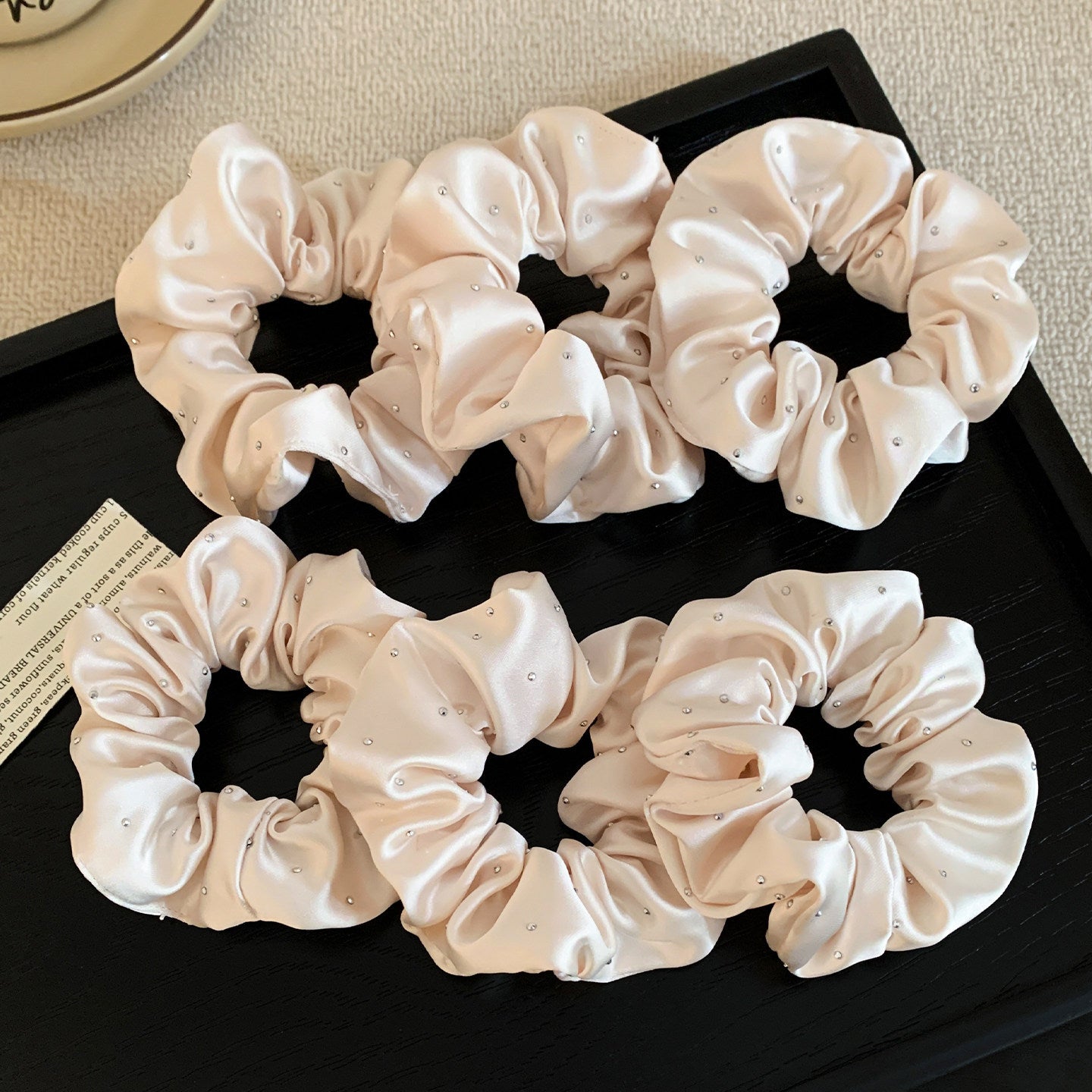 Solid Color Satin Scrunchie Hair Accessory In Champagne With Artificial Rhinestones, Perfect For Autumn Commute