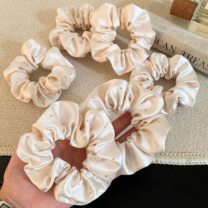 Solid Color Satin Scrunchie Hair Accessory In Champagne With Artificial Rhinestones, Perfect For Autumn Commute