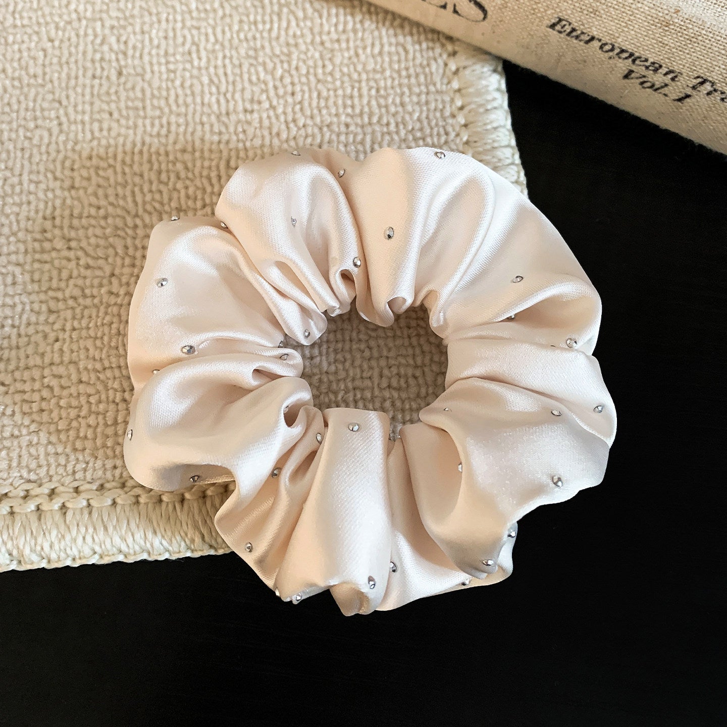 Solid Color Satin Scrunchie Hair Accessory In Champagne With Artificial Rhinestones, Perfect For Autumn Commute