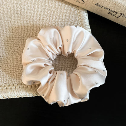 Solid Color Satin Scrunchie Hair Accessory In Champagne With Artificial Rhinestones, Perfect For Autumn Commute