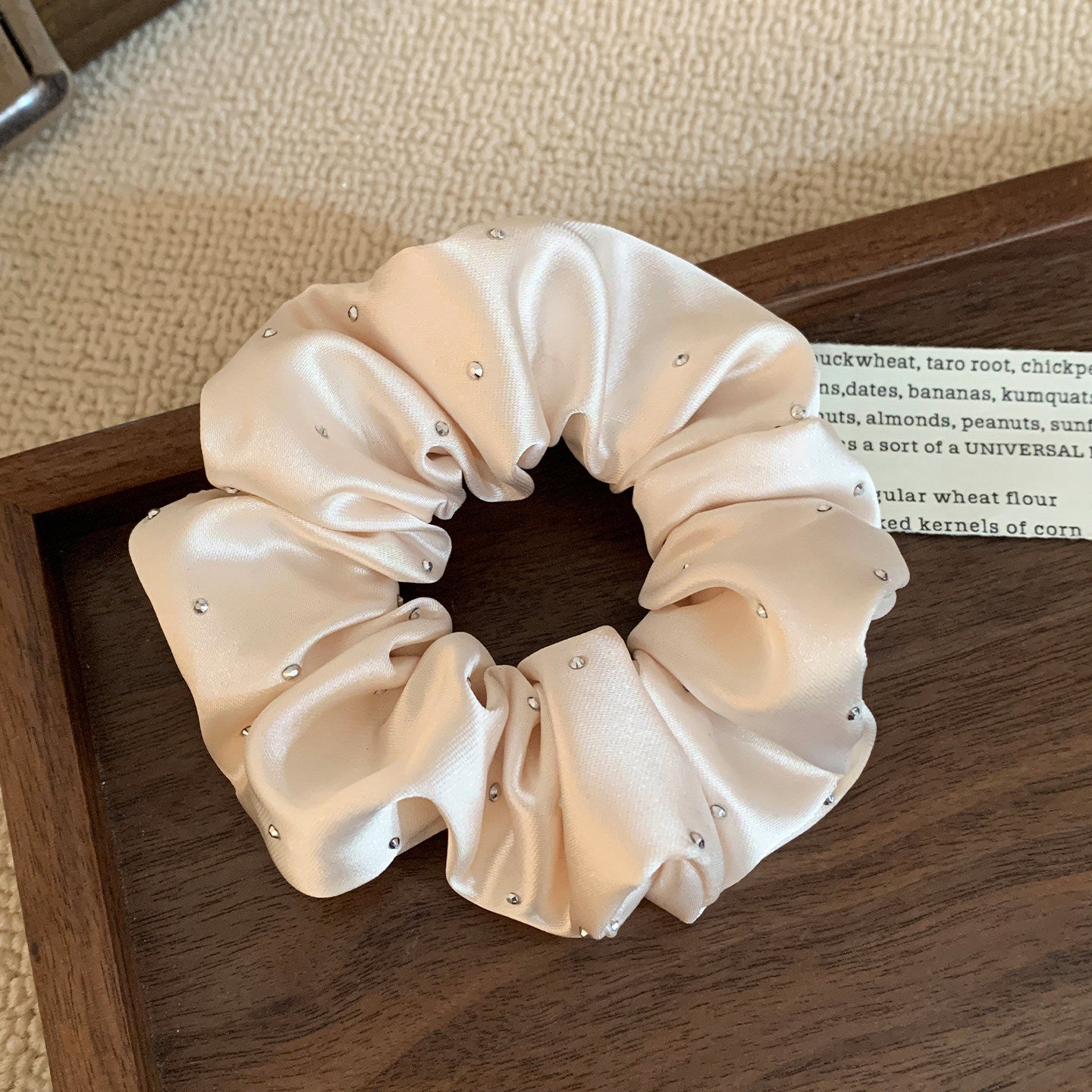 Solid Color Satin Scrunchie Hair Accessory In Champagne With Artificial Rhinestones, Perfect For Autumn Commute