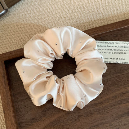 Solid Color Satin Scrunchie Hair Accessory In Champagne With Artificial Rhinestones, Perfect For Autumn Commute