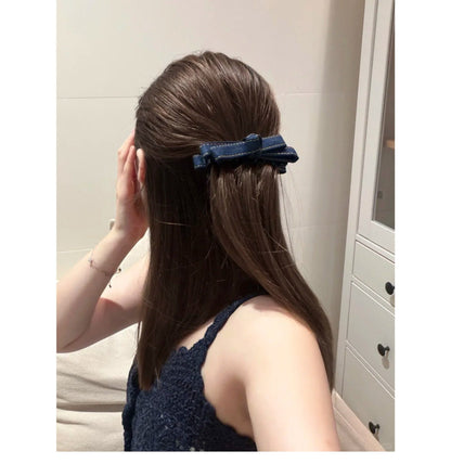 Cowboy Style Bow Tie Banana Clip Hairpin For Women In Denim Material