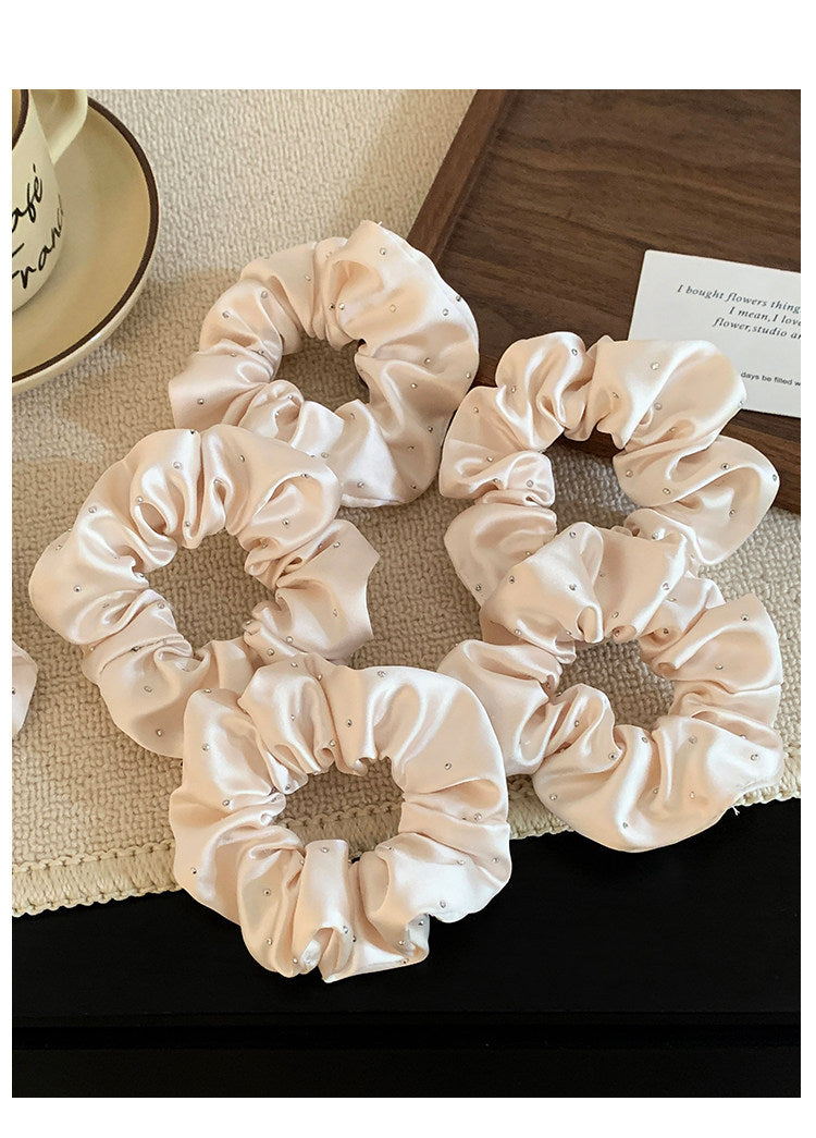 Solid Color Satin Scrunchie Hair Accessory In Champagne With Artificial Rhinestones, Perfect For Autumn Commute