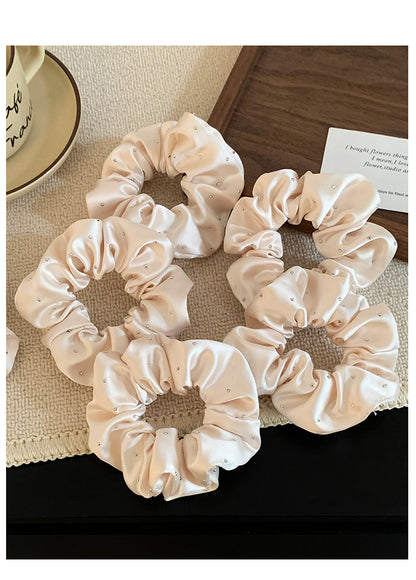 Solid Color Satin Scrunchie Hair Accessory In Champagne With Artificial Rhinestones, Perfect For Autumn Commute