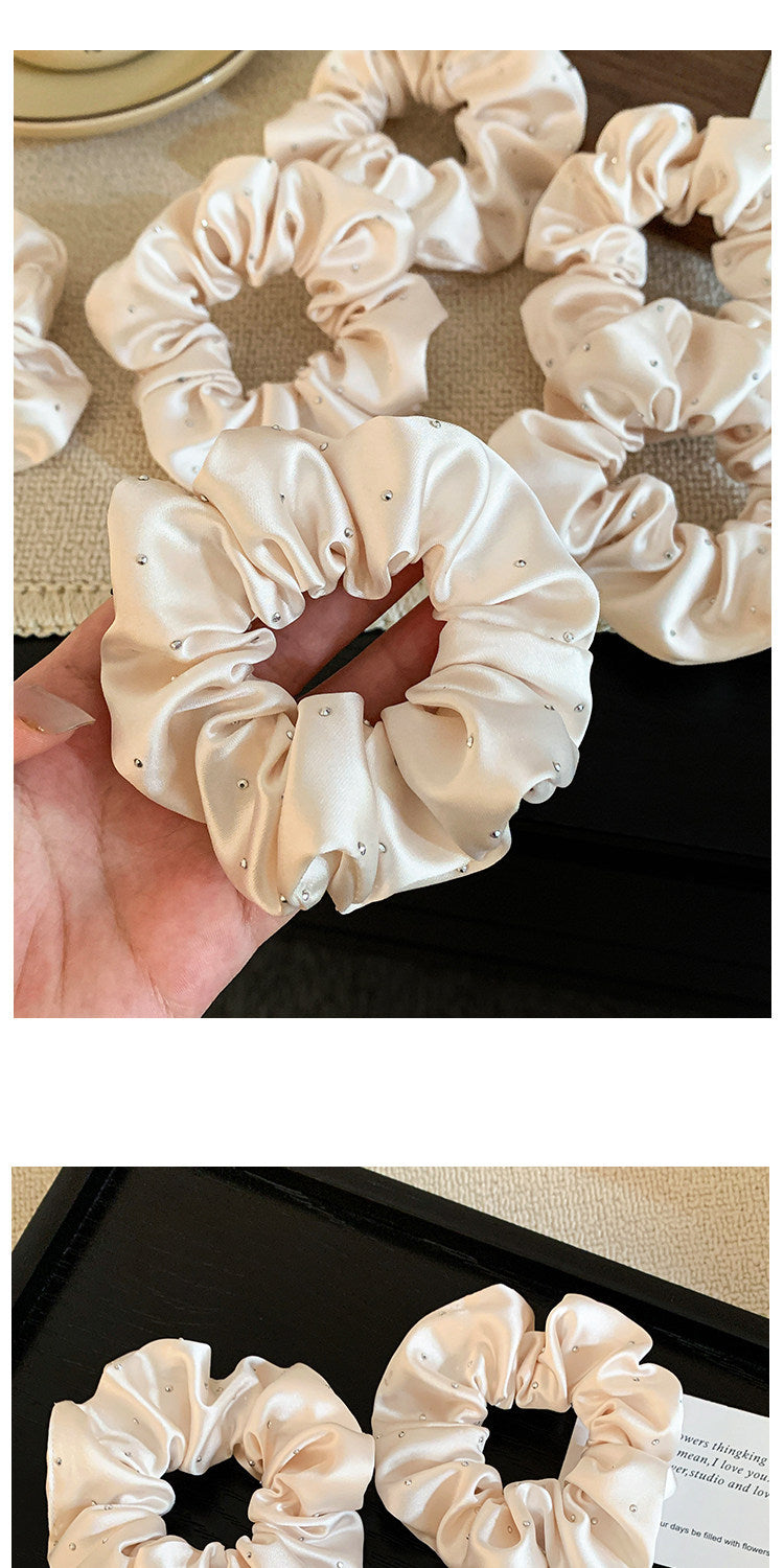 Solid Color Satin Scrunchie Hair Accessory In Champagne With Artificial Rhinestones, Perfect For Autumn Commute