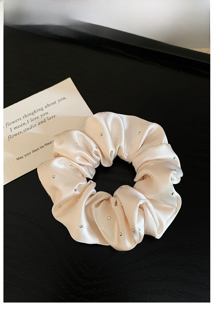 Solid Color Satin Scrunchie Hair Accessory In Champagne With Artificial Rhinestones, Perfect For Autumn Commute