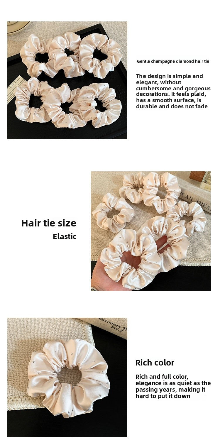 Solid Color Satin Scrunchie Hair Accessory In Champagne With Artificial Rhinestones, Perfect For Autumn Commute