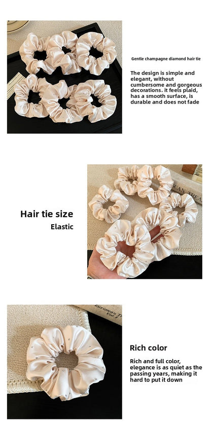 Solid Color Satin Scrunchie Hair Accessory In Champagne With Artificial Rhinestones, Perfect For Autumn Commute