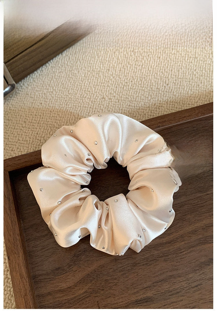 Solid Color Satin Scrunchie Hair Accessory In Champagne With Artificial Rhinestones, Perfect For Autumn Commute