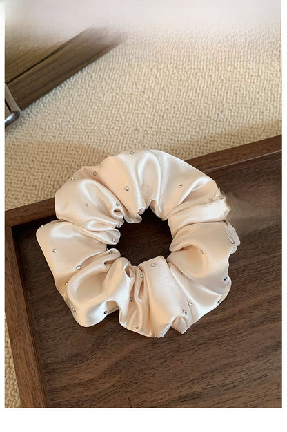 Solid Color Satin Scrunchie Hair Accessory In Champagne With Artificial Rhinestones, Perfect For Autumn Commute