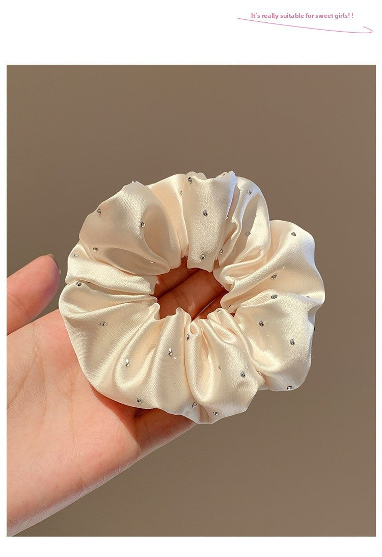 Solid Color Satin Scrunchie Hair Accessory In Champagne With Artificial Rhinestones, Perfect For Autumn Commute