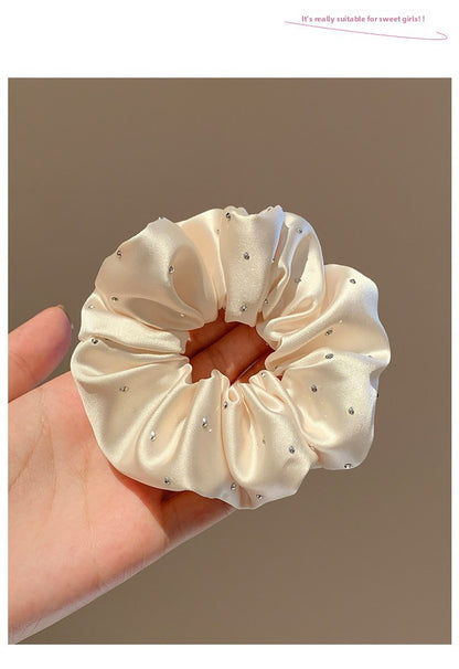 Solid Color Satin Scrunchie Hair Accessory In Champagne With Artificial Rhinestones, Perfect For Autumn Commute