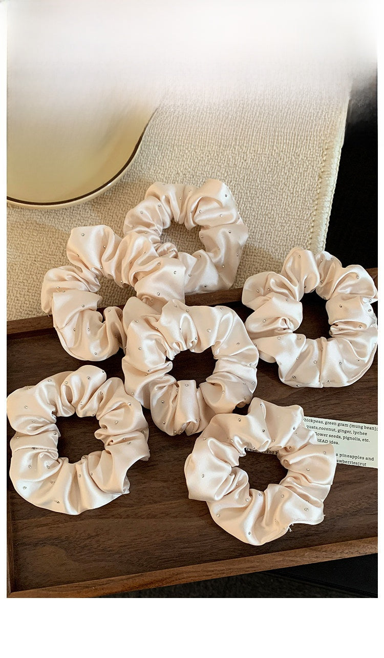 Solid Color Satin Scrunchie Hair Accessory In Champagne With Artificial Rhinestones, Perfect For Autumn Commute