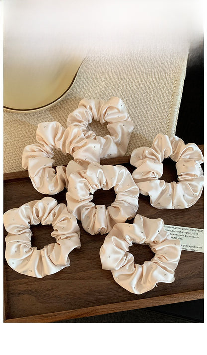 Solid Color Satin Scrunchie Hair Accessory In Champagne With Artificial Rhinestones, Perfect For Autumn Commute