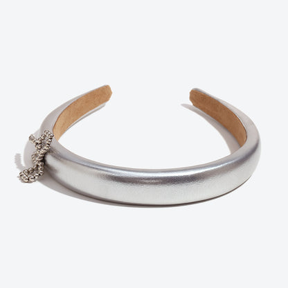 Bow Tie Spa Headband For Women In Silver Featuring Beads And PU Leather, Stylish Commute Hair Accessory