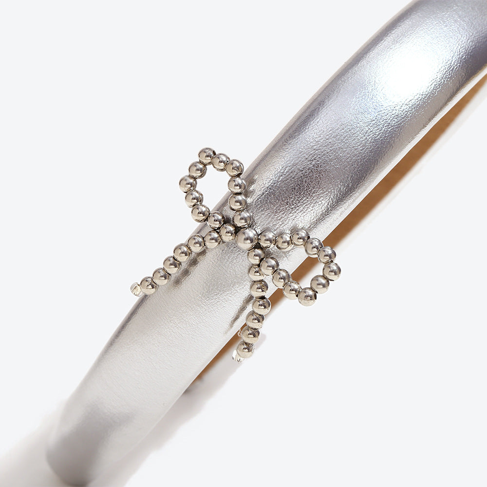 Bow Tie Spa Headband For Women In Silver Featuring Beads And PU Leather, Stylish Commute Hair Accessory
