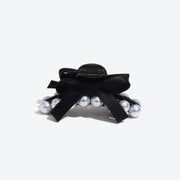 Simple and Elegant Black Double-Sided Bow Hair Clip - Plain Pearl