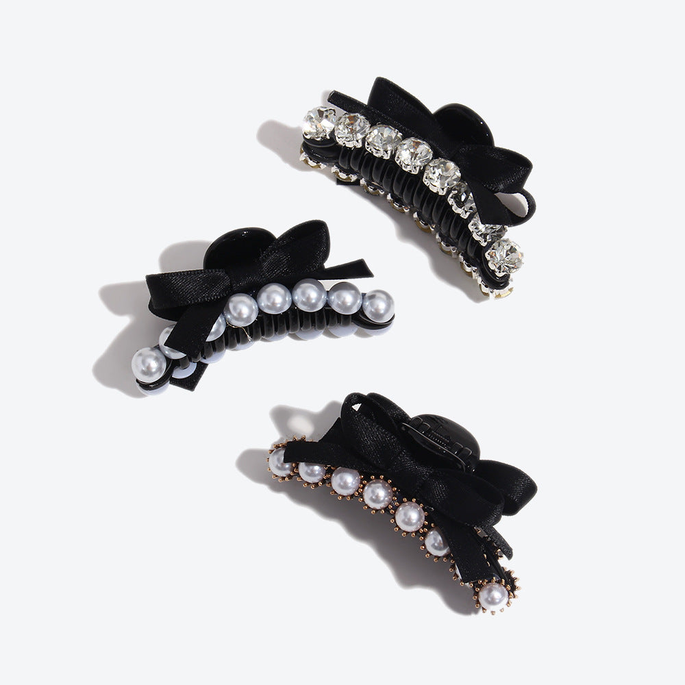French Style Bow Tie Hair Claws For Women In Dyed Black With Artificial Pearl Inlay, Perfect For Autumn