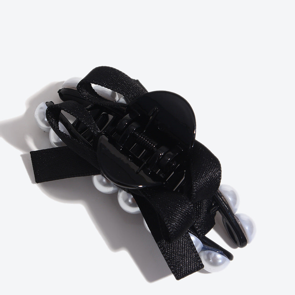 French Style Bow Tie Hair Claws For Women In Dyed Black With Artificial Pearl Inlay, Perfect For Autumn