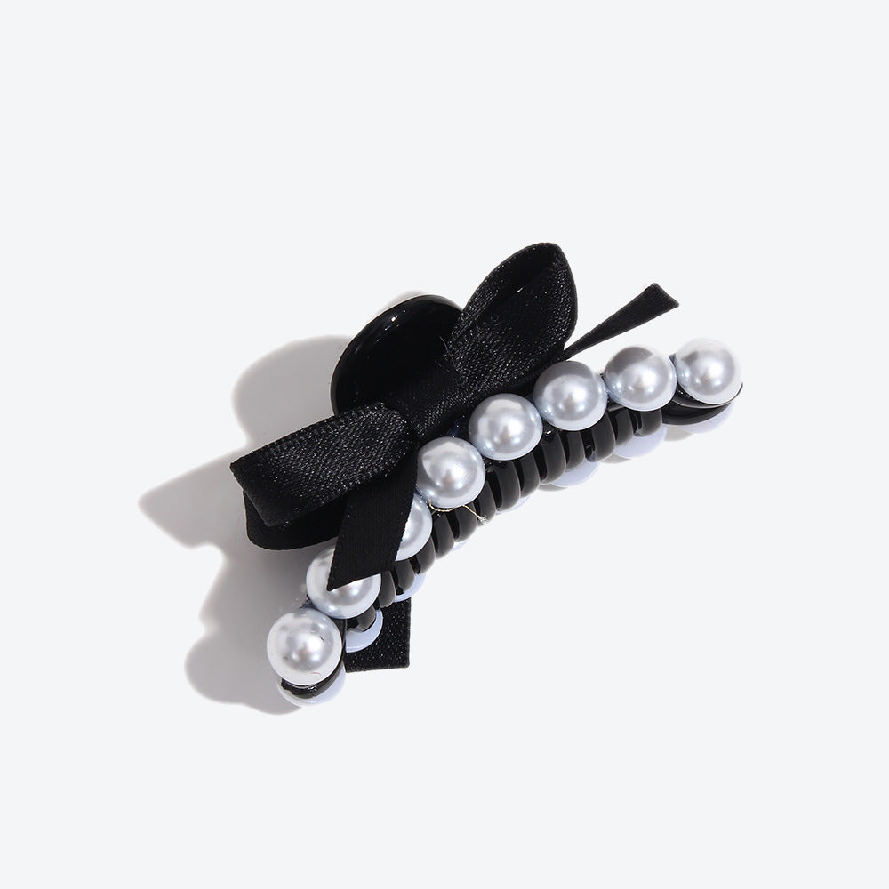 French Style Bow Tie Hair Claws For Women In Dyed Black With Artificial Pearl Inlay, Perfect For Autumn