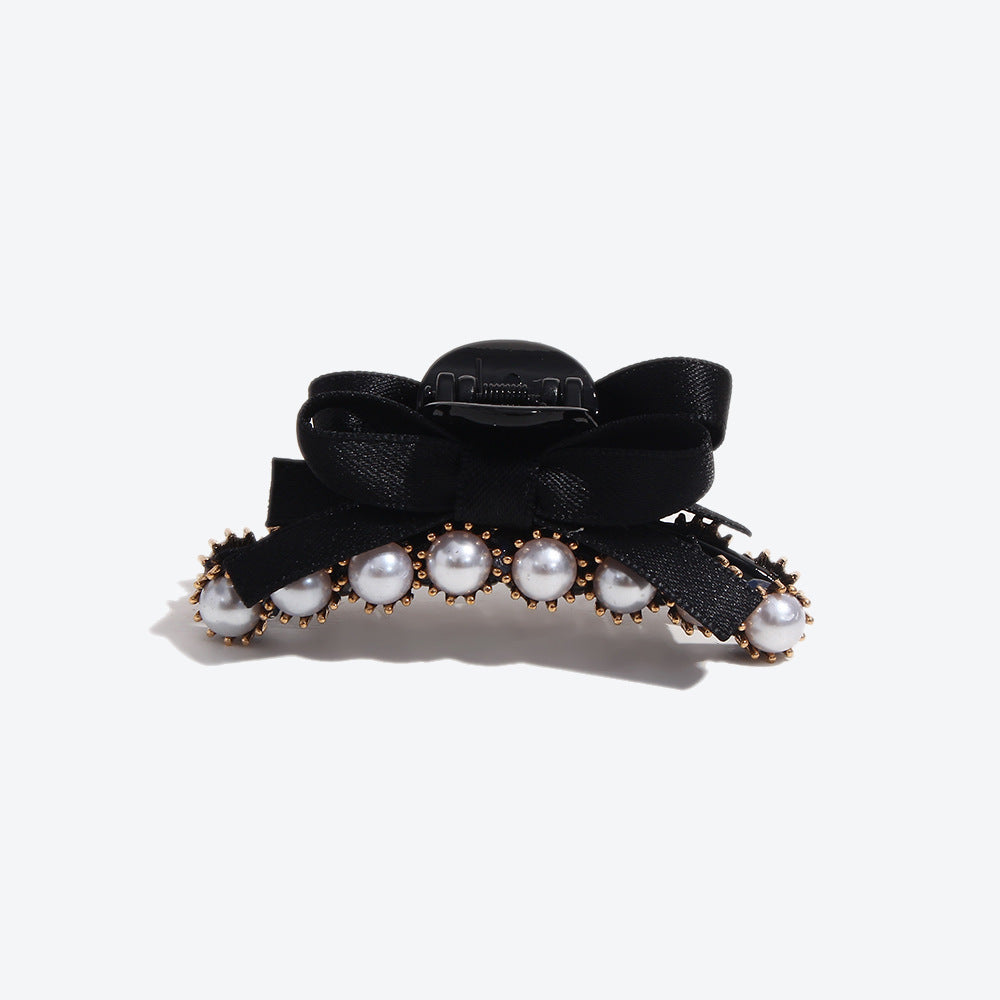French Style Bow Tie Hair Claws For Women In Dyed Black With Artificial Pearl Inlay, Perfect For Autumn
