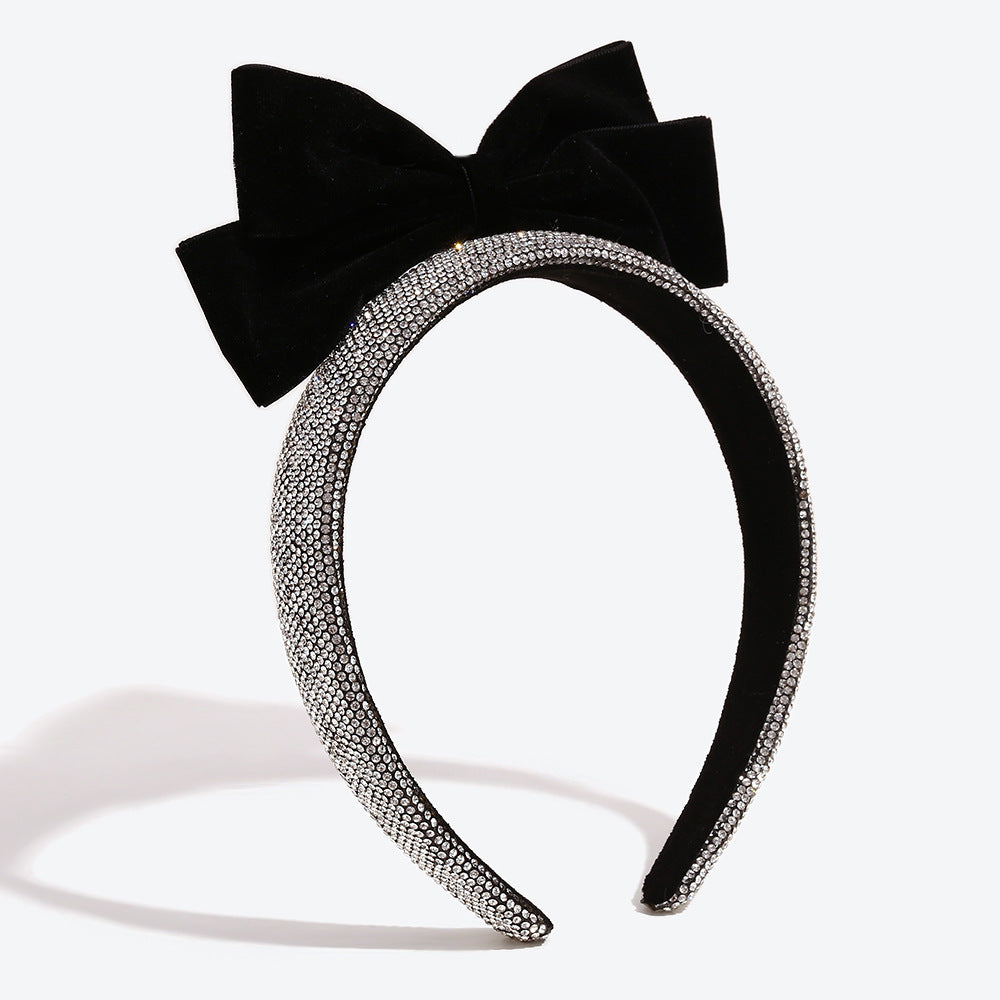 Bow Tie Spa Headband For Women In Dyed Black Cloth With Rhinestones Embellishment