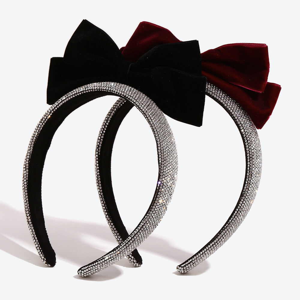 Bow Tie Spa Headband For Women In Dyed Black Cloth With Rhinestones Embellishment