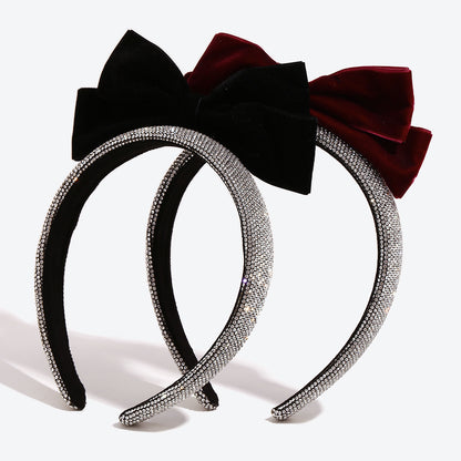Bow Tie Spa Headband For Women In Dyed Black Cloth With Rhinestones Embellishment