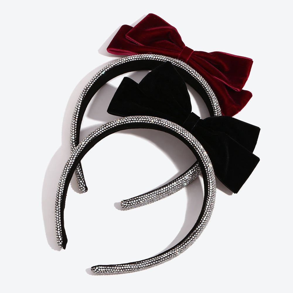 Bow Tie Spa Headband For Women In Dyed Black Cloth With Rhinestones Embellishment