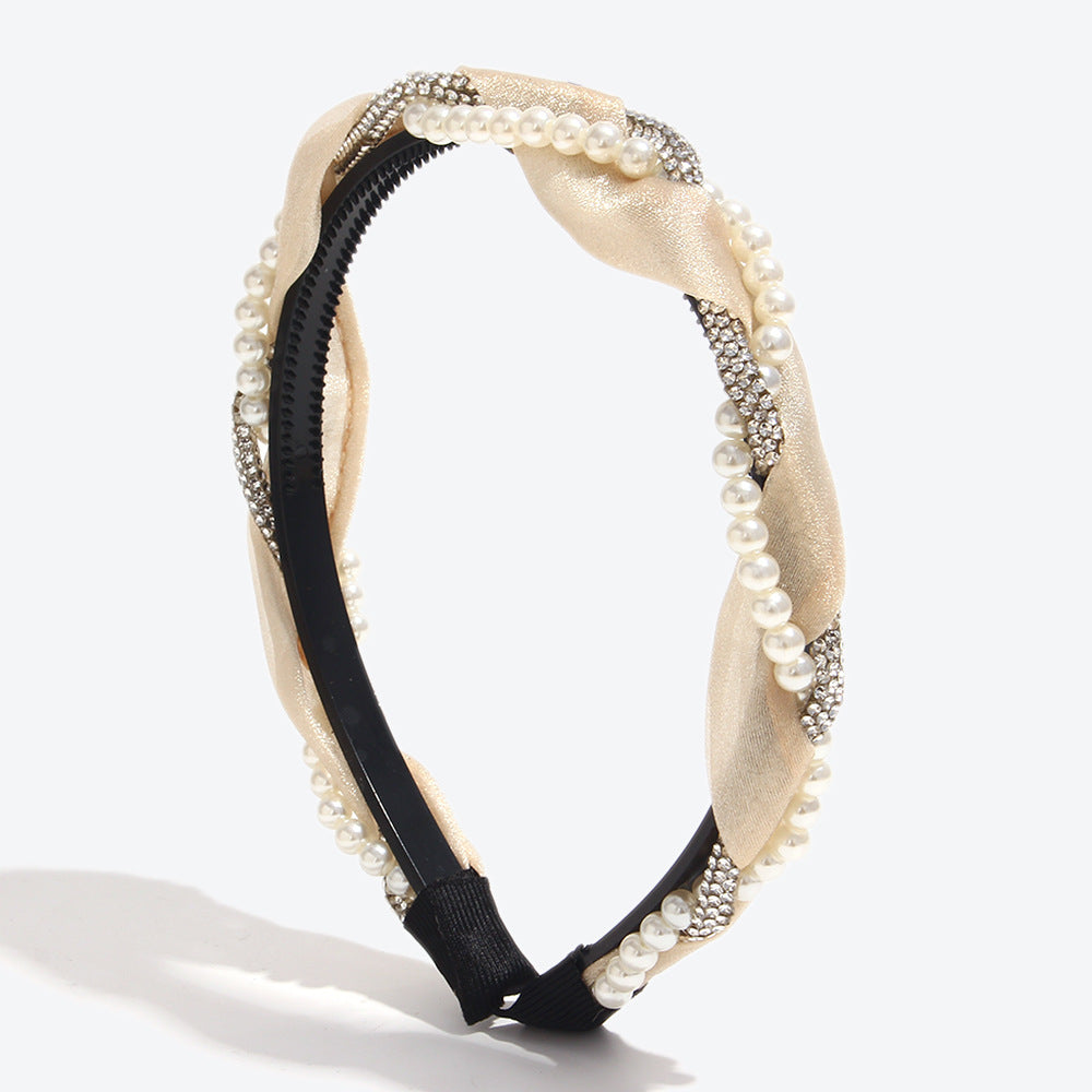 Twist Jewelry Headband For Women In White With Rhinestones, Stylish Commute Hair Accessory For Winter