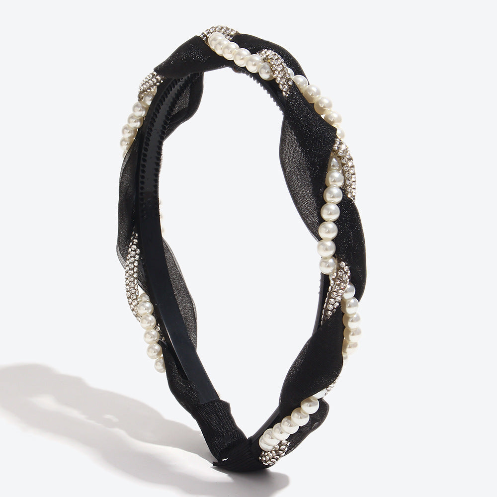 Twist Jewelry Headband For Women In White With Rhinestones, Stylish Commute Hair Accessory For Winter