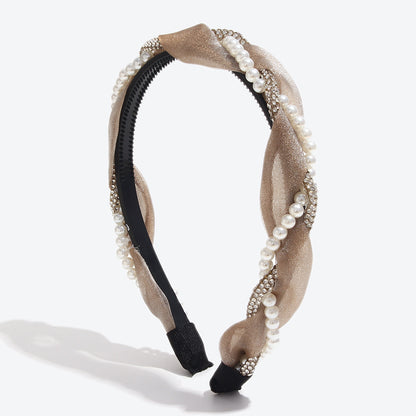 Twist Jewelry Headband For Women In White With Rhinestones, Stylish Commute Hair Accessory For Winter