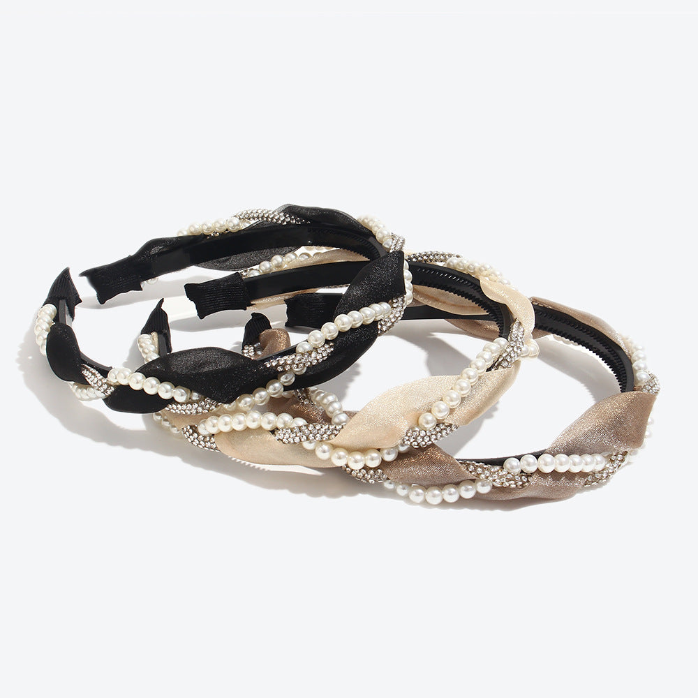 Twist Jewelry Headband For Women In White With Rhinestones, Stylish Commute Hair Accessory For Winter