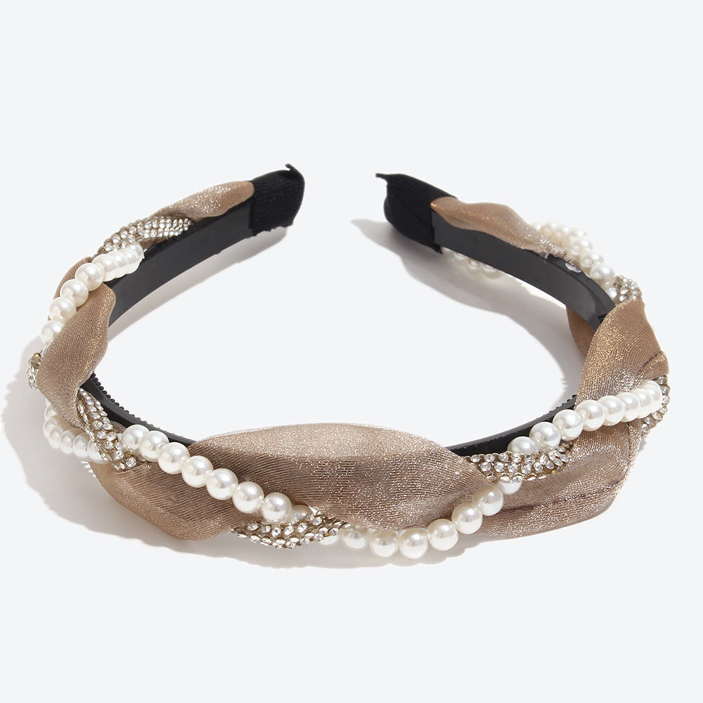 Twist Jewelry Headband For Women In White With Rhinestones, Stylish Commute Hair Accessory For Winter