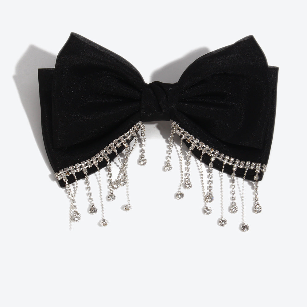 Bow Tie Hairpin For Women In Dyed Black Organza With Rhinestone Inlay, Perfect For Autumn