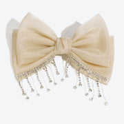 Elegant Tassel Rhinestone Handmade Bow Hair Clip - Apricot Color