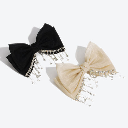 Bow Tie Hairpin For Women In Dyed Black Organza With Rhinestone Inlay, Perfect For Autumn