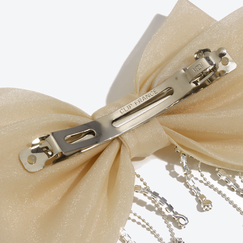 Bow Tie Hairpin For Women In Dyed Black Organza With Rhinestone Inlay, Perfect For Autumn