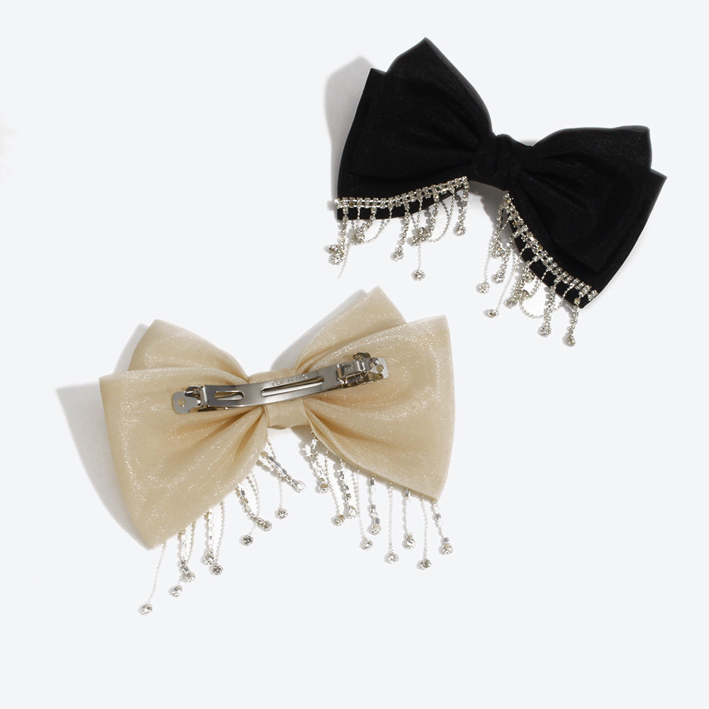 Bow Tie Hairpin For Women In Dyed Black Organza With Rhinestone Inlay, Perfect For Autumn