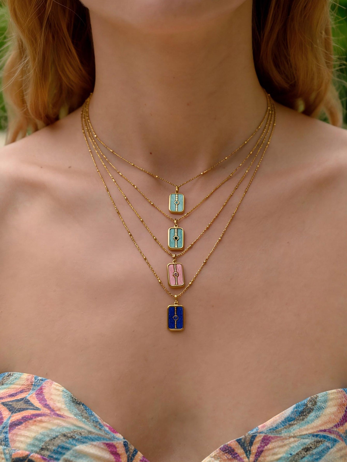 Waterproof Rectangle Pendant Necklace For Women In 18K Gold Plated 304 Stainless Steel With Natural Stone Inlay And Beaded Chain
