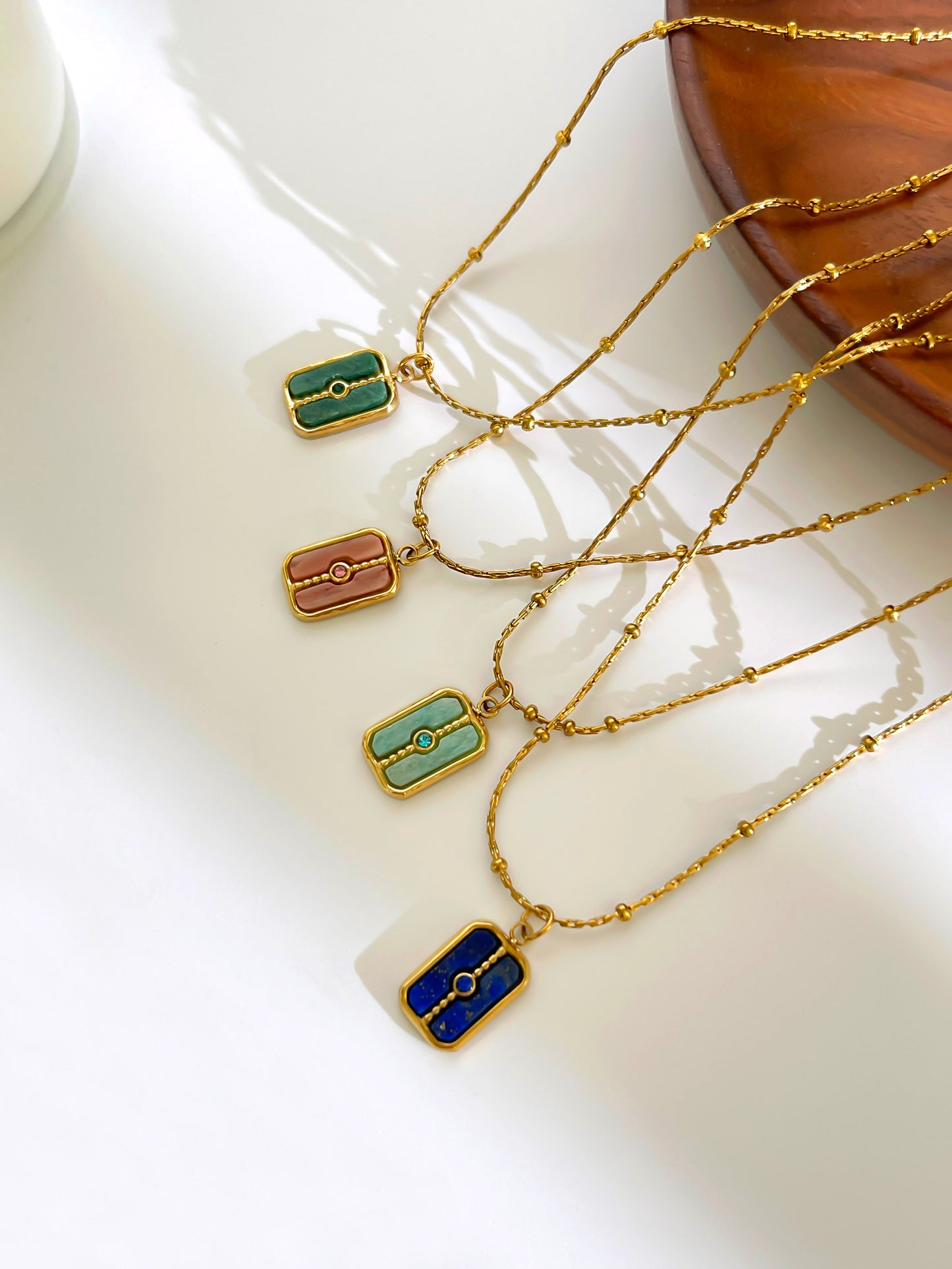 Waterproof Rectangle Pendant Necklace For Women In 18K Gold Plated 304 Stainless Steel With Natural Stone Inlay And Beaded Chain