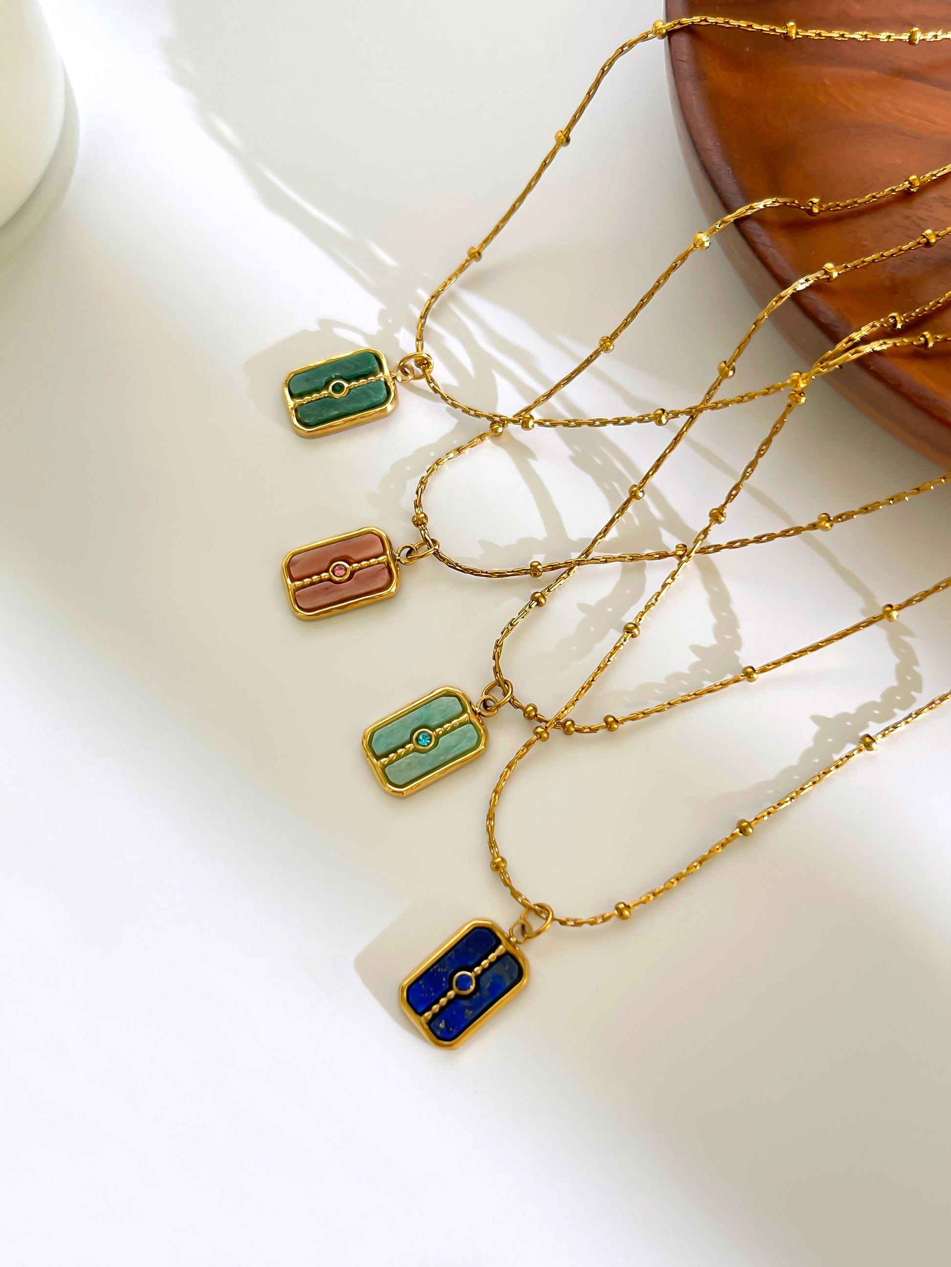 Waterproof Rectangle Pendant Necklace For Women In 18K Gold Plated 304 Stainless Steel With Natural Stone Inlay And Beaded Chain